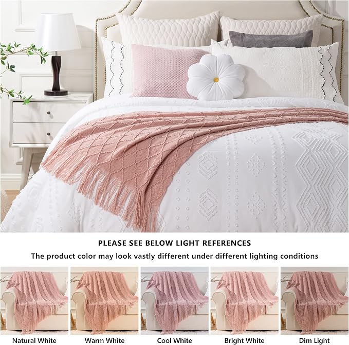 BATTILO HOME Blush Throw Blanket with Tassels, Pink Knit Blanket for Home Decor, Boho Style Textured Knitted Decorative Blanket for Couch, Sofa &Bed, 50"x60"