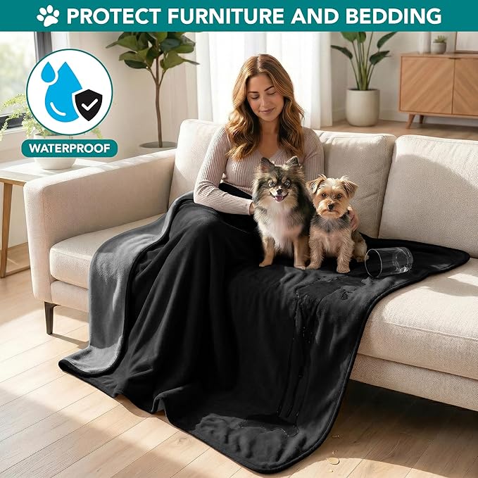 PetAmi Waterproof Dog Blanket for Small Medium Dogs Cats, Pee Proof Reversible Cat Blanket for Kitten Puppy, Soft Fleece Washable Pet Throw for Couch Car Crate Liner, 29x40 Black Gray