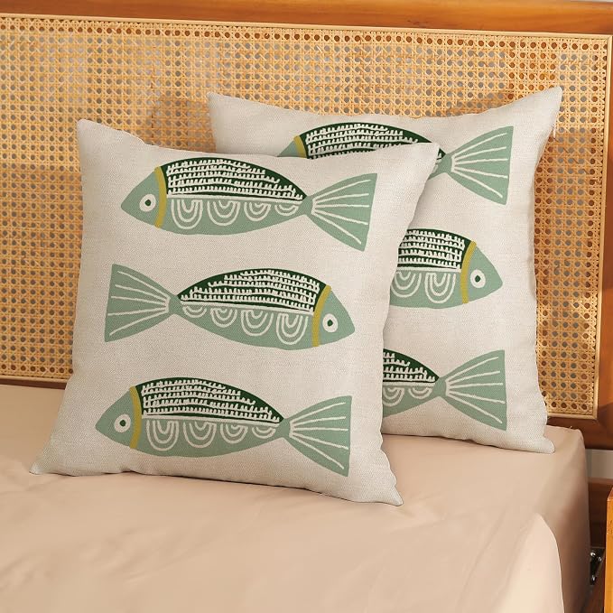 Coastal Pillow Covers 18x18 Inch Set of 2 Ocean Beach Green Fish Throw Pillows Summer Nautical Outdoor Decorative Pillow Cases Linen Farmhouse Cushion Cover for Couch Home Sofa Bedroom Decor