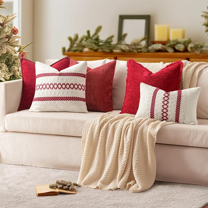 MIULEE Decorative Couch Throw Pillow Covers 16x16 Inch Red 2 Pack | Summer Farmhouse Pillow Covers with Stitched Edge, Soft Chenille Cushion Cases, for Sofa Bed Living Room Home Decor