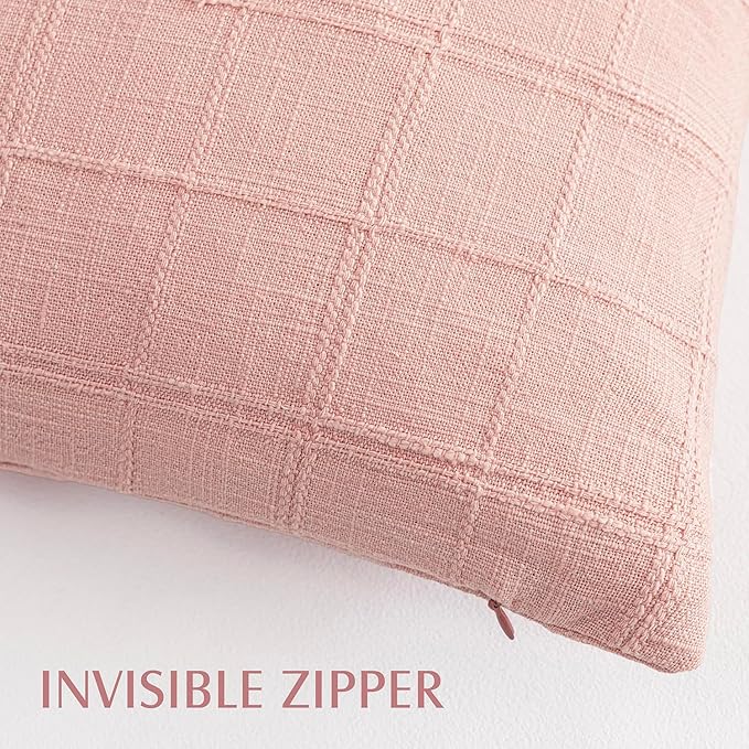 Foindtower Set of 2 Decorative Linen Check Throw Pillow Covers Neutral Farmhouse Vintage Cushion Covers Modern Boho Accent Home Decor for Sofa Chair Couch Bedroom Living Room,18×18 Inch,Light Pink