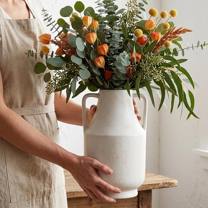 Ceramic Flower Vase with Handles, 11in Tall White Vases for Centerpieces | Waterproof Large Decorative Terracotta Vases for Home Decor, Living Room,Table, Handcrafted (White)