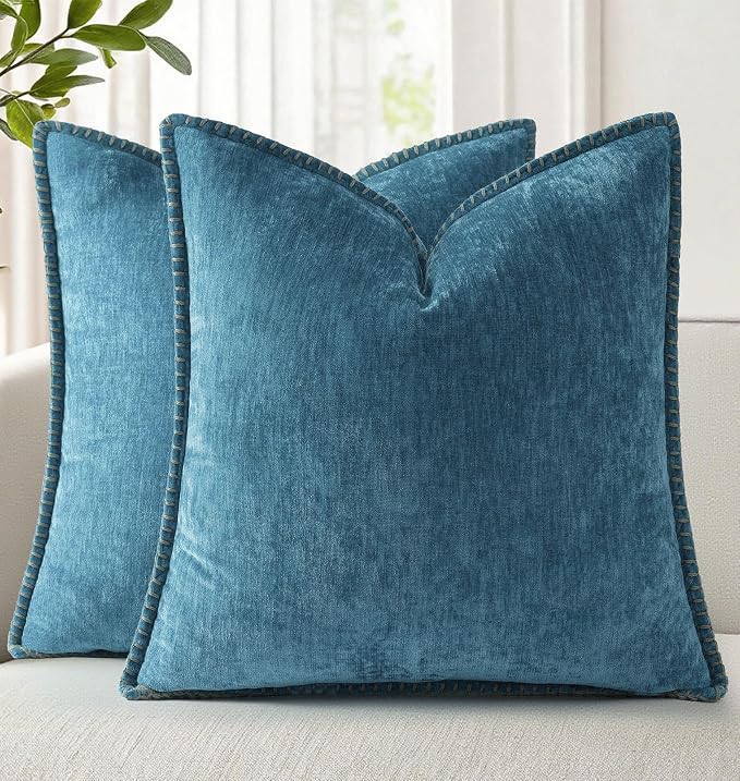 decorUhome Soft Chenille Throw Pillow Covers 24x24 Set of 2 Teal | Fall Textured Decorative Throw Pillow Cases Stitched Edge Modern Farmhouse Luxury Boho Velvet for Couch Sofa Bed Home Decor