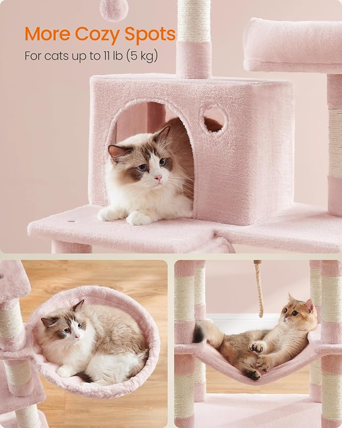 Feandrea Cat Tree, 66.1-Inch Large Cat Tower, Multi-Level Plush Condo with 13 Scratching Posts, 2 Perches, 2 Caves, Basket, Hammock, Pompoms, Jelly Pink UPCT165P01
