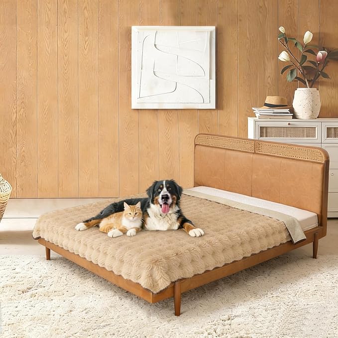 Waterproof Dog Bed Cover, Dog Pad Soft Plush Pet Blanket with Anti-Slip Back for Bed Couch Sofa, Furniture Protector for Small, Medium and Large Dogs and Cats (Light Brown-Bubble, 82"x102")
