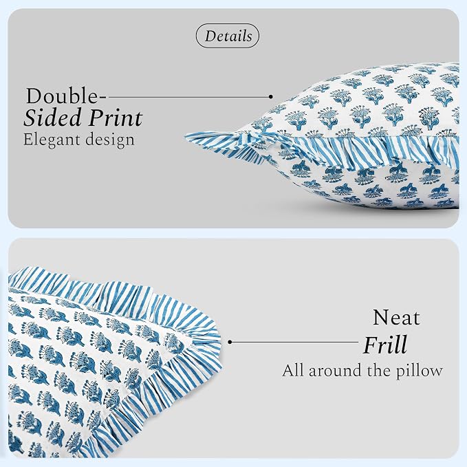 CPC Block Print Ruffle Throw Cover Apatite Blue 24"x24" Inch Pack of 2-100% Cotton Ruffle Couch Decorative Boho Pillows Case for Living Room, Bedroom, Sofa, Farmhouse Gift for Spring, Mother's Day