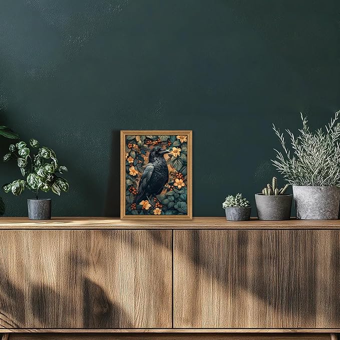 ICHZUMW Framed William Morris Raven Dark Academia Canvas Wall Art 8x10 In | Gothic Dark Cottagecore Crow Painting, Moody Floral Wall Decor for Bedroom Living Room Bathroom Office, Ready to Hang