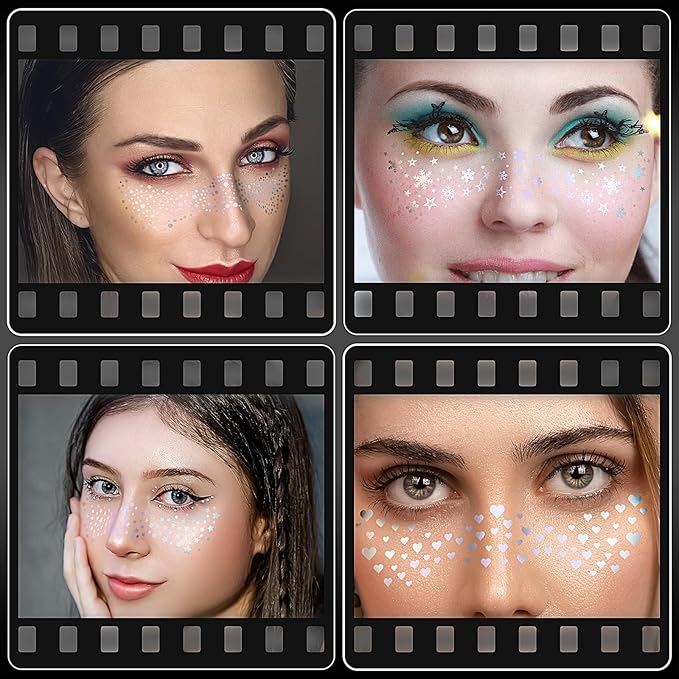 Glitter Freckles Face Tattoo, 6 Sheets Silver Face Glitter Temporary Tattoo Stickers, Sparkle Freckles Metallic Face Gems, Glitter Face Makeup Speckles Fake Tattoo for Women and Girls (silver)