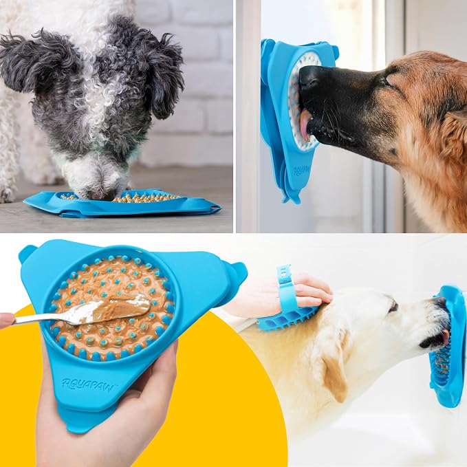 Aquapaw Silicone Dog Lick Mat - Suction Cup Slow Feeder Pad - Calming Bath Time Aid & Dog Grooming - Stress Relief & Pet Enrichment - Pack of 2 - XL & Small, Blue