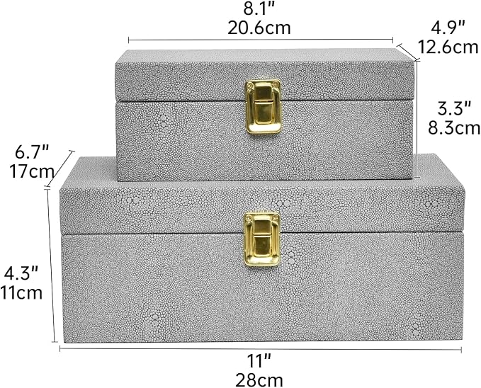 Faux Shagreen Leather Decorative Storage Boxes Set of 2, Light Grey | for keeping precious keepsakes, trinkets, jewelry and other small items organized and out of sight