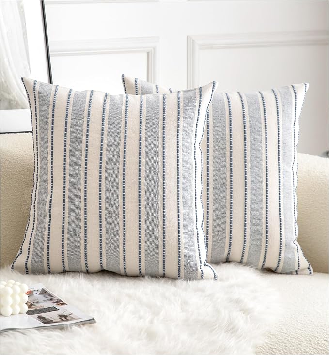 Cethom Decorative Boho Throw Pillow Covers, Farmhouse Textured Pillow Case, 20 x 20 Inch Set of 2, Chair Sofa Bedroom Living Room Home Decor Couch Cushion Case, Classic Blue and Beige Striped