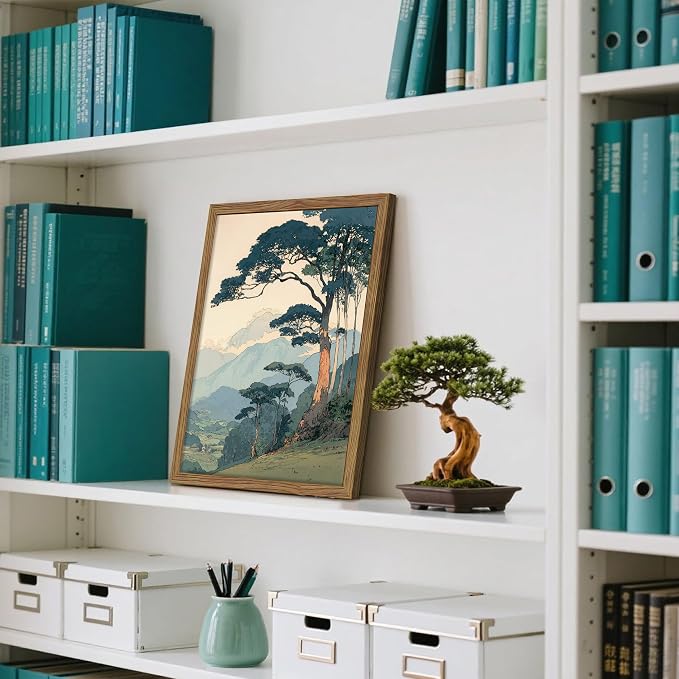 Vintage Japanese Forest Framed Canvas Wall Art – Tranquil Mountain Landscape Painting Print, Retro Nature Tree Scene Decor for Living Room Bedroom Nursery Office Home 16x24 inch