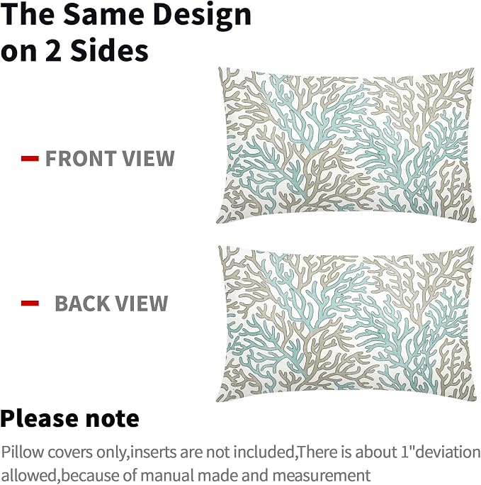 Nautical Coastal Coral Teal Tan White Lumbar Pillow Covers 12x20 Inch Set of 2 Brown Summer Ocean Themed Beach Pillow Cases Outdoor Linen Square Cushion Cover Farmhouse Decor for Home Sofa Couch Bed