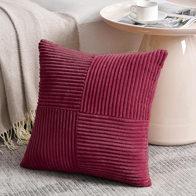 Fancy Homi Set of 1 Burgundy Square Decorative Throw Pillow Covers 14x14 Inch for Living Room Bedroom Couch Bed Sofa, Soft Striped Corduroy Modern Rectangle Accent Cushion Case 35x35 cm