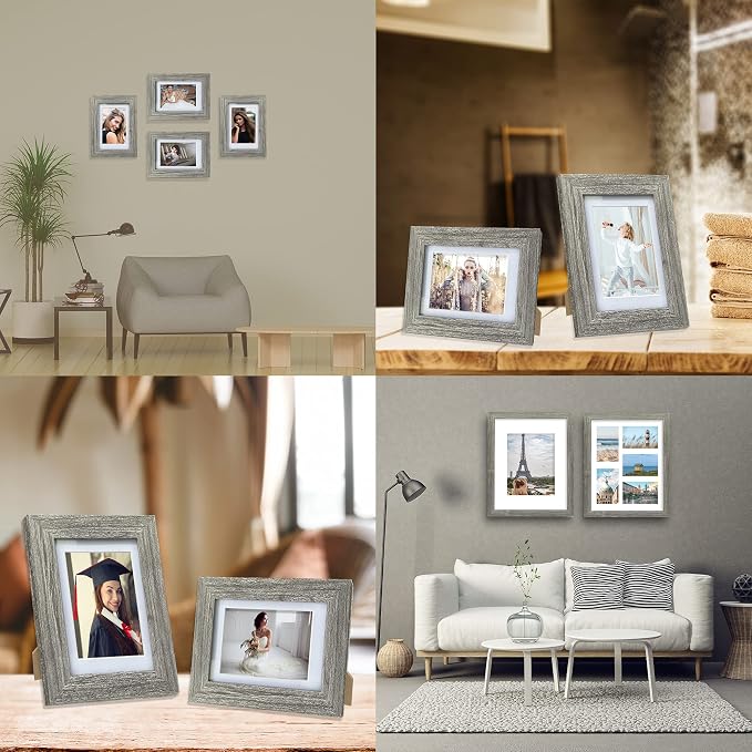 Hongkee 8x10 Picture Frame Set of 4, Made of Real Glass and Grey Wooden Frame, 8 by 10 Photo for Wall or Tabletop - Display Picture 5x7 with Mat or 8x10 Without Mat