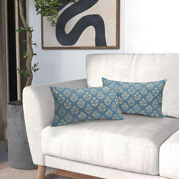 Light Blue Pillow Covers 12x20 Inch Set of 2, Cream Floral Block Print Pattern Lumbar Decorative Throw Pillowcases Outdoor Farmhouse Rectangle Cushion Covers Spring Summer Sofa Couch Bed Decor