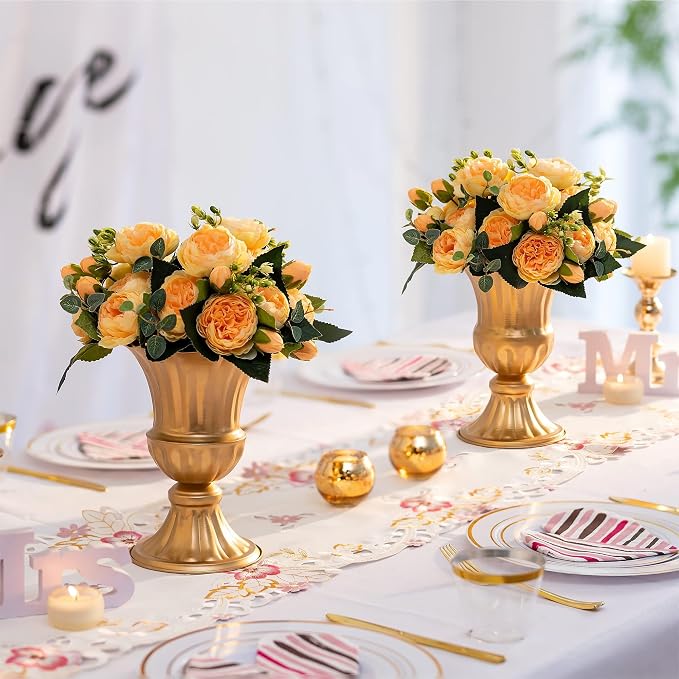 Sziqiqi Gold Metal Vase for Centerpiece, Table Flower Arrangements, 2Pcs | 9in Tall Compote Vase, Trumpet Urn Vase for Decoration, Planter Pot for Artificial Flower, For Reception, Home, Party Decor