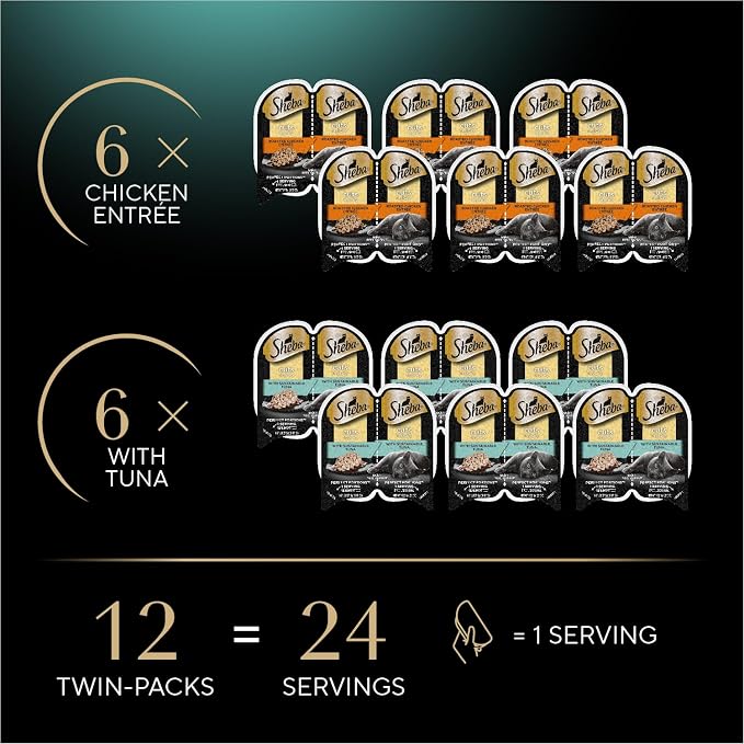 Sheba Perfect Portions Cuts Wet Cat Food, Chicken & Tuna, 2.6 oz, 6 ct, 2pk | Grain-free, Tuna & Chicken, no corn/soy/fillers, protein-rich, snap-peel-serve twin packs, zero messy leftovers, grain-free