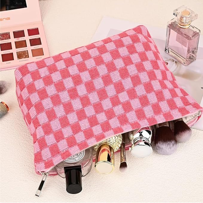 Cosmetic Bags for Women - Corduroy Cosmetic Bag Aesthetic Women Handbags Purses Smile Dots Makeup Organizer Storage Makeup Bag Girls Case Bags (Q-Checkered Orange pink)