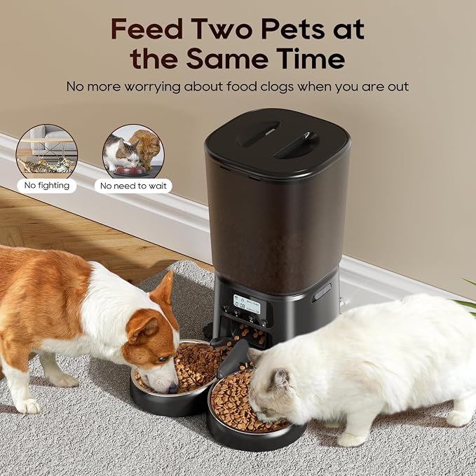 Petrice Automatic Cat Feeder for 2 Cats, 6L/25 Cups Cat Food Dispenser Programmable 30 Portions 6 Meals per Day, Timed Pet Feeder for Kitty Small Dogs with 10S Voice Record, Easy Setup, Black