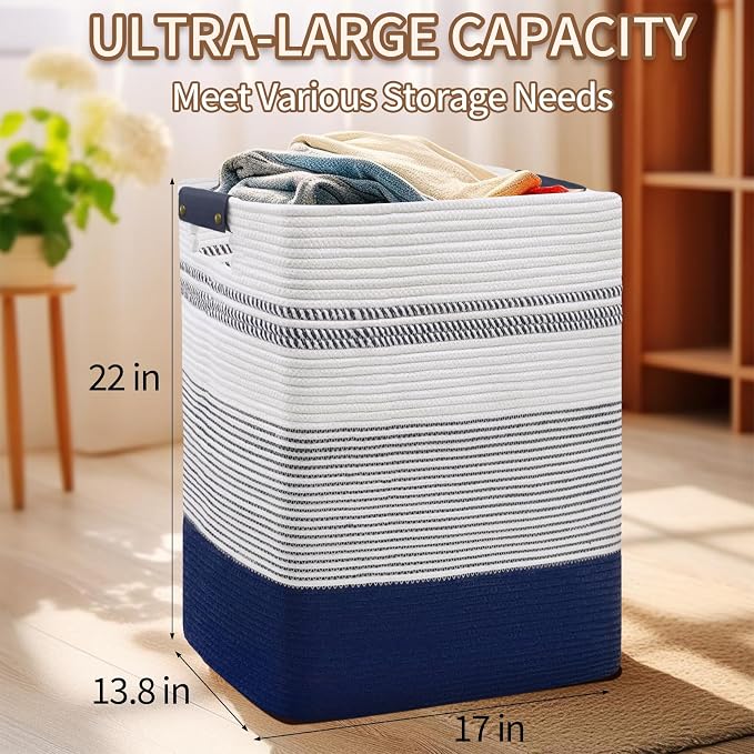 DOFASAYI Laundry Hamper, 85L Cotton Rope Laundry Basket, Dark Blue & White | Foldable nursery hamper with leather handles; store blankets, toys, baby clothes and laundry in bedroom or living room