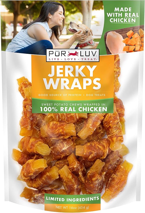 Pur Luv Chicken Wrapped Sweet Potato Dog Treats, Rawhide Free Jerky Wraps, Made with Real Chicken, 16 Oz, Healthy, Easily Digestible, Long Lasting, High Protein Treat, Satisfies Dog's Urge to Chew | Rawhide-free, high-protein jerky wrap: real chicken a...