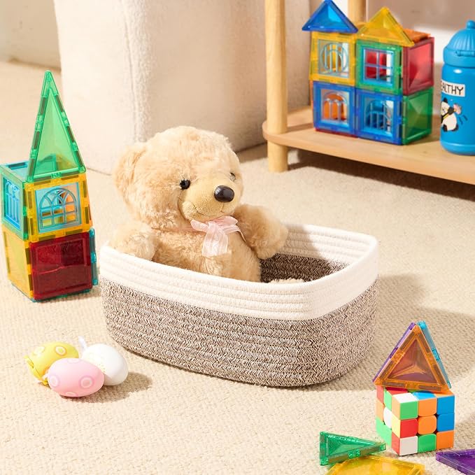 MiniArk Small Storage Baskets for Organizing | Closet Organizer Bins | Shelf Toy Basket | Woven Rope Baskets | Cube Decorative Box | Shallow Basket | 11.5x7.5x4.7” | 4 Packs White Brown