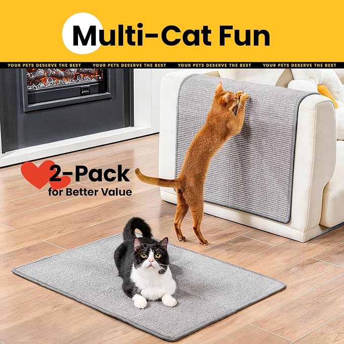 Conlun 2-Pack Cat Scratching Pads, 23.6x31.5in Sisal Wall & Couch Protector | High-density Sisal Mat, No Fraying, Mess-free, Anti-slip Backing, Adhesive Strips for Easy Mounting, Grey