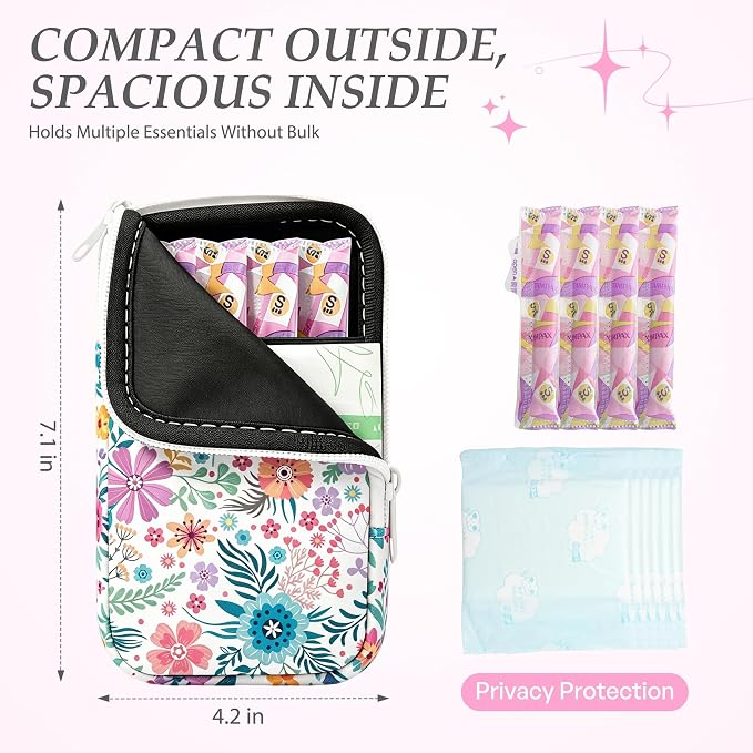 KJQJLY 2 Pack Portable Tampon Organizer Bag Tampon Holder & Storage Case with Zipper for Travel, Discreet Period Bag for Purse, Waterproof Feminine Products Pouch for Women (Flower 2)