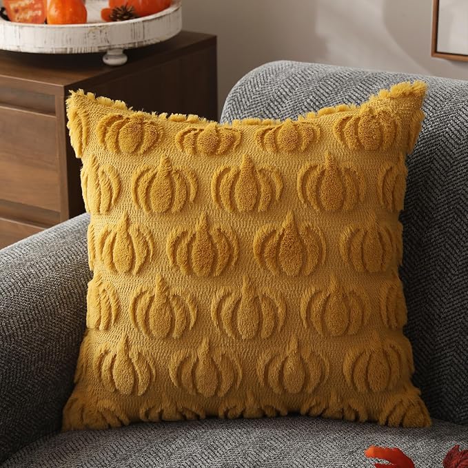 DFXSZ Fall Pillow Covers 16x16 2Pcs Yellow Pumpkin Fall Decoration for Home | Fall decor Set of 2 Throw Pillow Cases Soft Plush Faux Fur Wool Couch Cushion for Chair Sofa Bedroom Living Room Home Decor