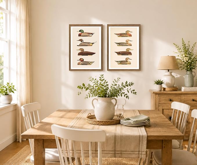Vintage Duck Wall Art Set of 2 Framed, Waterfowl Bird Prints | Antique Natural History Artwork for Lake House Farmhouse Decor 16x24 Inches