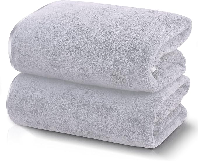 TENSTARS Silk Hemming Bath Towels for Bathroom Clearance - 27 x 55 inches - Light Thin Quick Drying - Soft Microfiber Absorbent Towel for Bath Fitness, Sports, Yoga, Travel, Gym - 2 Pack, Light Grey