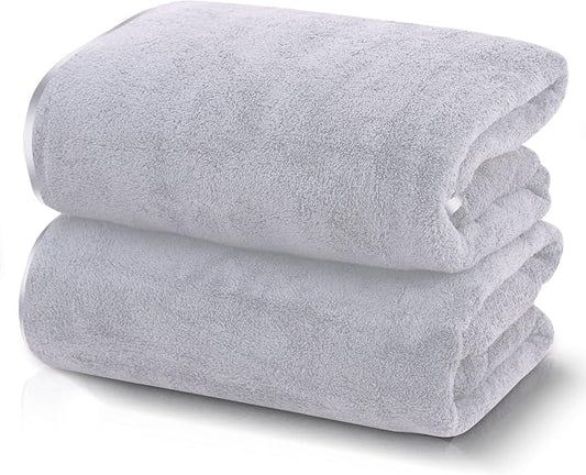 TENSTARS Silk Hemming Bath Towels for Bathroom Clearance - 27 x 55 inches - Light Thin Quick Drying - Soft Microfiber Absorbent Towel for Bath Fitness, Sports, Yoga, Travel, Gym - 2 Pack, Light Grey