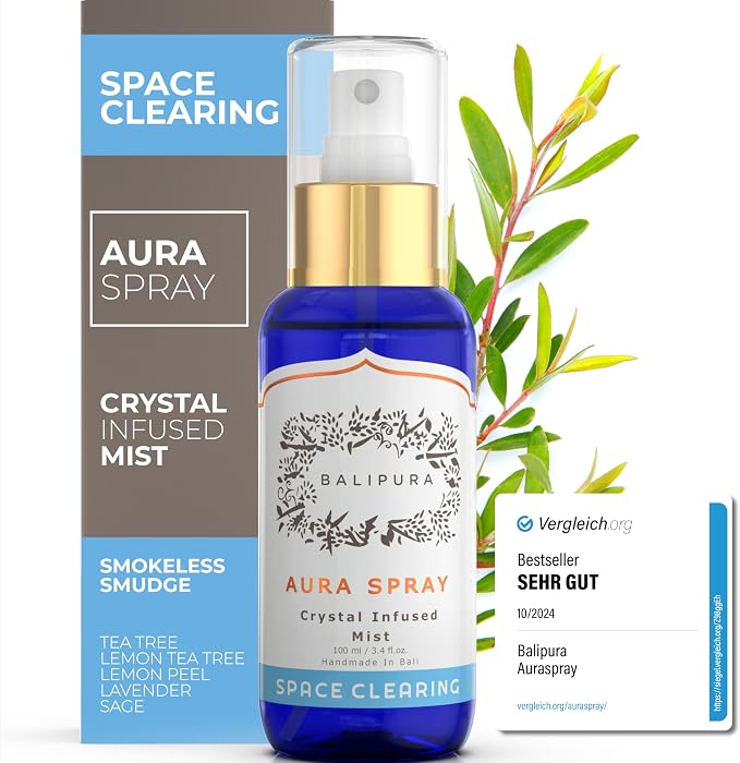 BALIPURA - Space Clearing Healing Aura Crystal Spray - Black Tourmaline & Selenite Crystals - Tea Tree, Lavender & Clary Sage Organic Essential Oils Blends - Handmade in Bali - 3.4 fl.oz