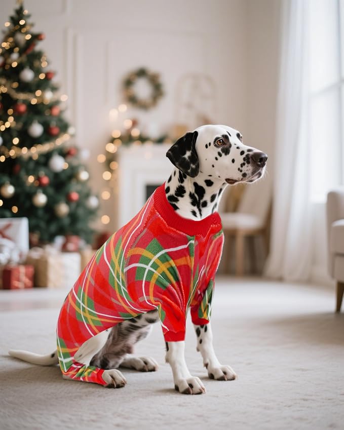 PET SHOW 4 Pack Plaid Fleece Dog Pajamas Warm for Extra Large Dogs | Soft stretchy dogs onesies,boy girl pjs with sleeve,holiday jumpsuit costume for large pets,XXL