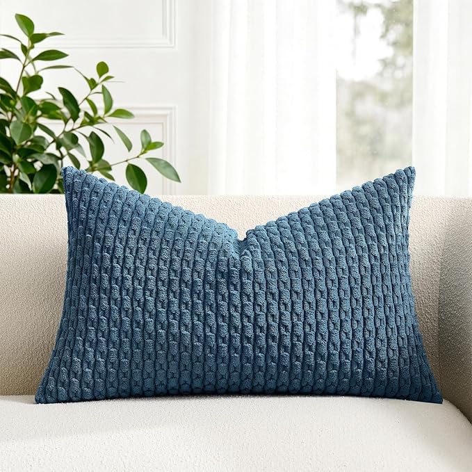 Kevin Textile Soft Corduroy 16"x24" Lumbar Pillow Cover 1 Pack, Blue Grey | Boho Stripe Plush Corduroy Decorative Oblong Cushion Cover Modern Farmhouse Home Decor for Sofa Couch Bed Chair