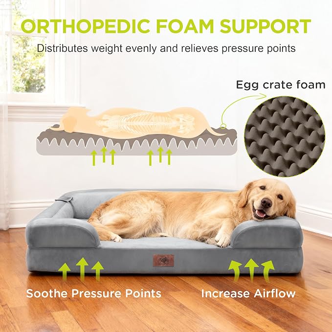 Waterproof Orthopedic Dog Bed for Medium Large Sized Dogs | Memory Foam Pet Bed Sofa with Bolster, Dog Couch with Washable Cover & Non-Slip Bottom, 36x27 Inch, Light Grey