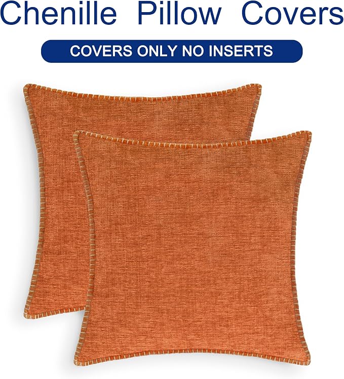 CaliTime Fall Decorative Throw Pillow Covers 26 X 26 Inches Burnt Orange | Pack of 2, Cozy Chenille Cushion Cases, Cotton Thread Stitching Edges, for Couch Sofa Bed Living Room Farmhouse