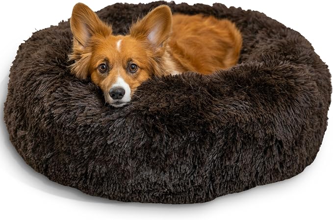 Best Friends by Sheri The Original Calming Donut Dog Bed for Medium Dogs up to 45 lbs, Shag Faux Fur, Dark Brown, 30" x 30"