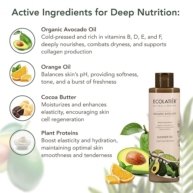 ECOLATIÈR Shower Oil – Organic Avocado Oil – Moisturizing & Nourishing Body Wash for Women, 95.5% Natural, Vegan, for Sensitive Skin - 8.5 Fl Oz (Avocado oil)