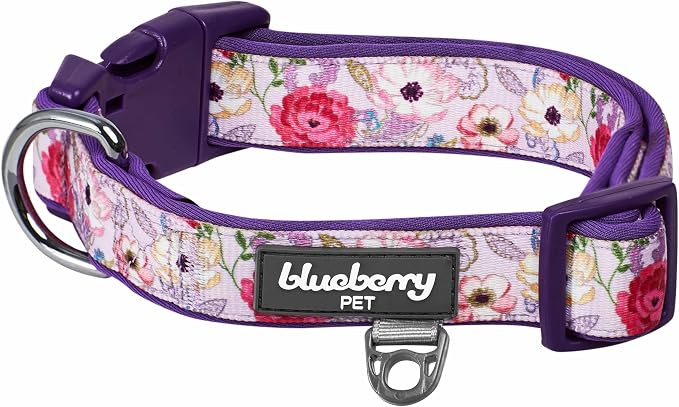 Blueberry Pet Soft & Comfy Peony Flower Print Neoprene Padded Adjustable Dog Collar, Mauve, Large, Neck 18"-26"