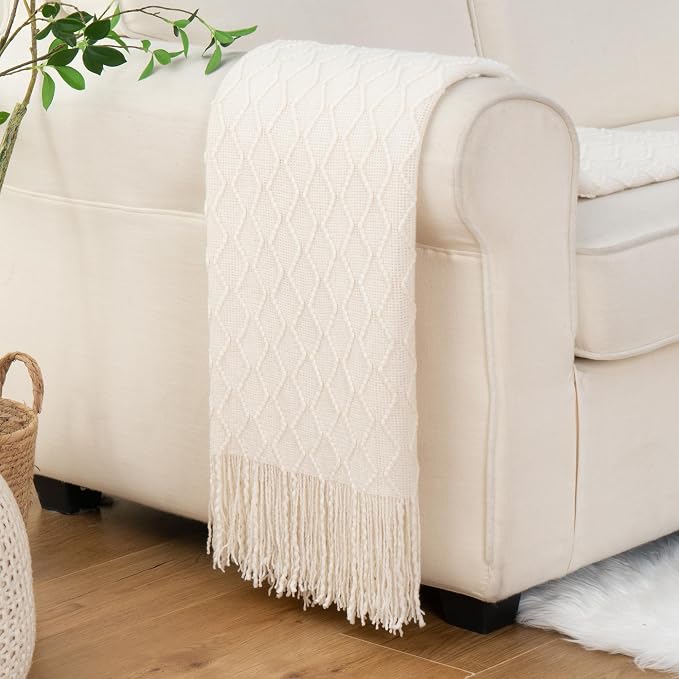 BATTILO HOME Ivory White Throw Blankets for Couch, Off White Lightweight Decorative Blankets and Throws, Boho Warm Knit Blanket for Men and Women, 50"x60"