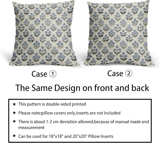Black Blue Floral Block Print Pillow Covers 20x20 Inch Set of 2, Vintage Flower Pattern Spring Summer Decorative Throw Pillowcases Outdoor Rustic Farmhouse Cushion Covers Seasonal Sofa Couch Bed Decor