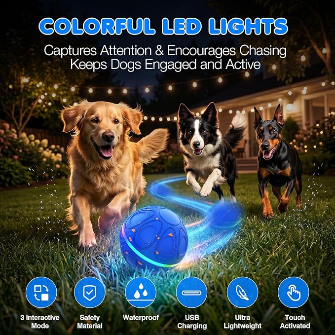Interactive Dog Toys Ball – Automatic 3-Mode Active Rolling Balls (Blue) | Moving bouncing & rotating dog ball with colorful lights. Solid E-TPU material, IPX7 waterproof for medium & large dogs