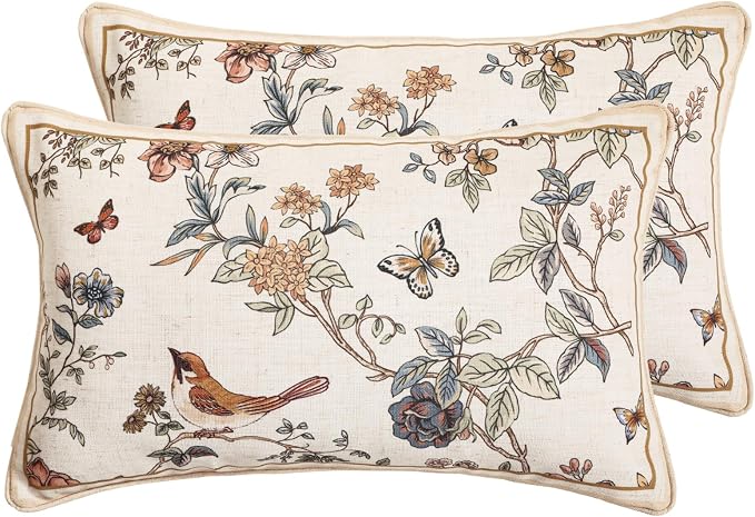Designer Linen Throw Pillow Cover,Set of 2,20"x12"-Cornucopia A | Elegant French Rectangle Pillow Cover,Concealed Zipper,Floral and Bird Pattern,Sofas,Bedroom,Living Room,Lounge Chairs