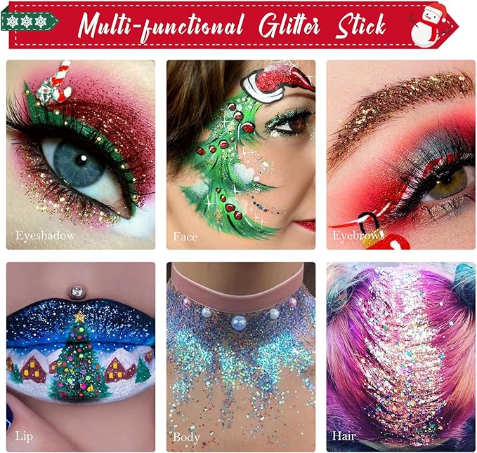 Silver Body Hair Face Glitter Stick, Holographic Sequins Face Sparkle Glitter Gel Neon Outfit for Women Face Paint Rave Festival Mermaid Chunky Makeup