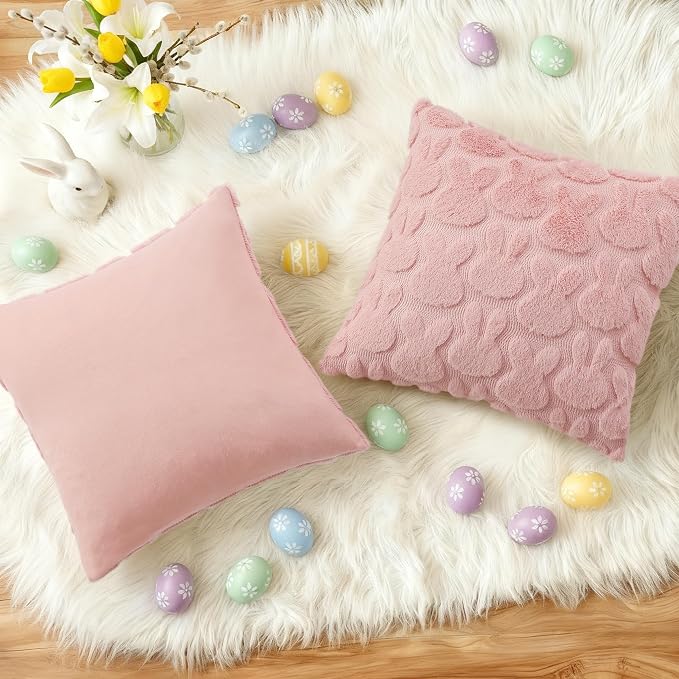 decorUhome Pink Faux Fur Bunny Throw Pillow Covers 16x16 Set of 2 | Plush Soft Wool Jacquard Pink Rabbit Cushion Covers, Modern Farmhouse Easter Holiday Decor PillowCases for Sofa Bed