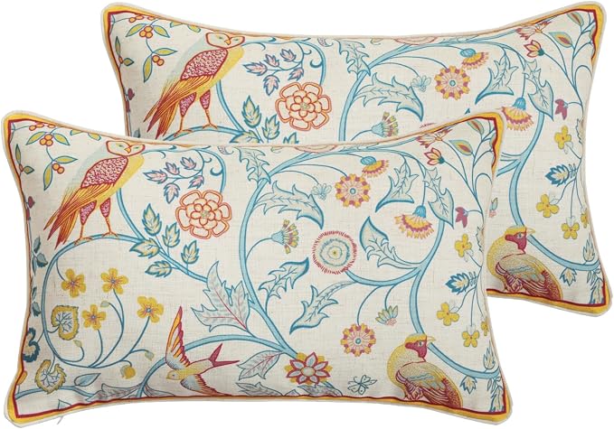 patdrea French Linen Throw Pillow Cover,12"x20",Set of 2-Magnolia A | Vintage Decorative Pillow Case with Zipper,Yellow Floral Pattern,Cushion Coverfor Couch Living Room Bedroom Sofa