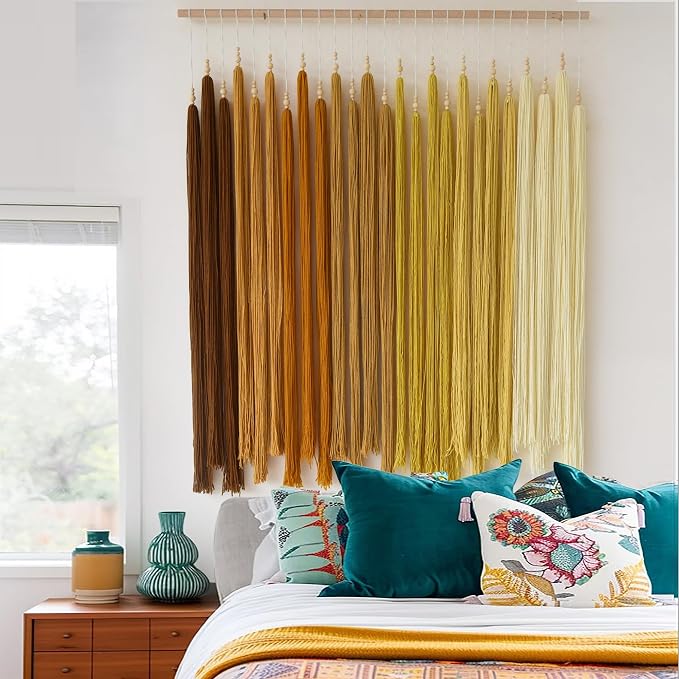 IOWER Macrame Wall Hanging Beaded Tassel Yarn Art Boho Tapestry 39" W*45" L | Yellow Yarn Art, Boho Style, Nursery Wall Decor, Bedroom Living Room Wall Art, Farmhouse Decor, Handmade Craft, Office Decor