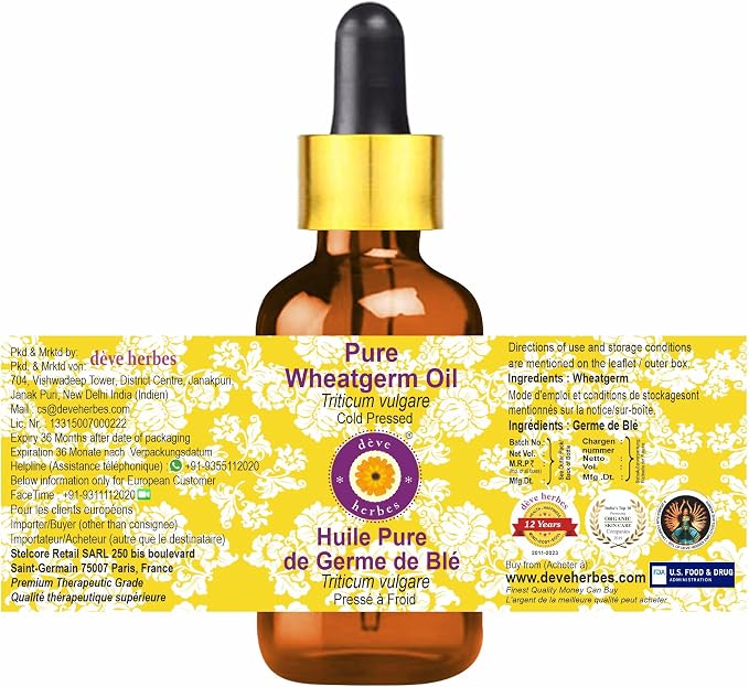 dève herbes Pure Wheatgerm Oil (Triticum vulgare) with Glass Dropper Cold Pressed 100ml (3.38 oz)